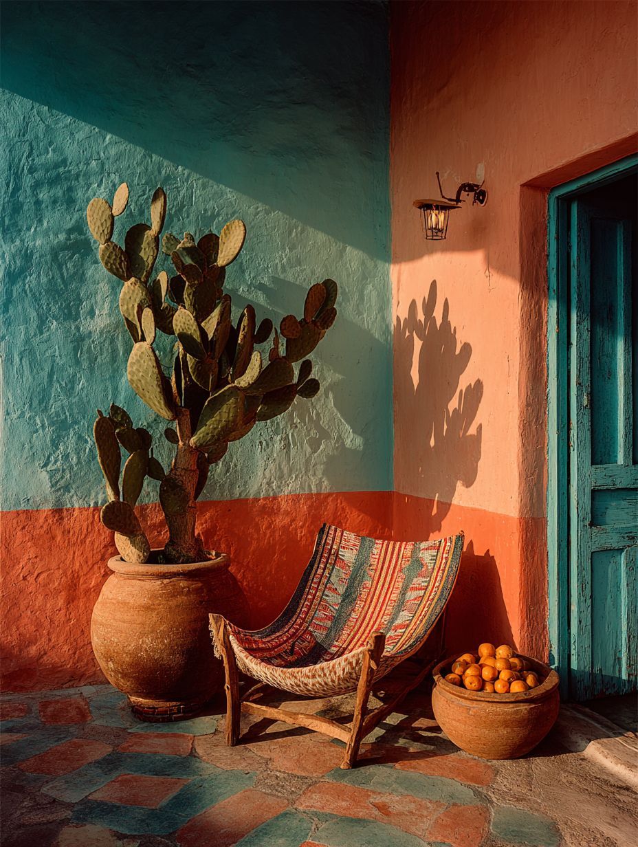 Patio orange et turquoise, cactus et fauteuil tressé dans la lumière du soleil
