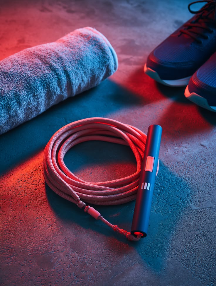 Corde à sauter, serviette et accessoires sportifs